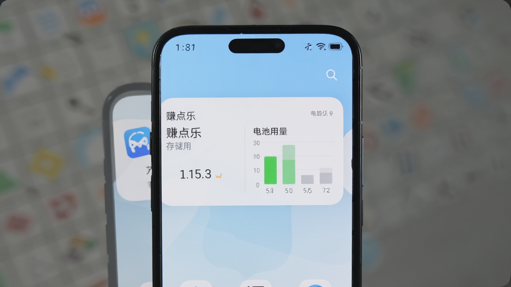 手机设置界面显示“赚点乐”应用信息,存储占用数字很小,旁边有电池用量图表显示低耗电,手机整体界面整洁,背景是浅蓝色渐变,图标简约,风格清爽,画面无杂乱元素,高清画质