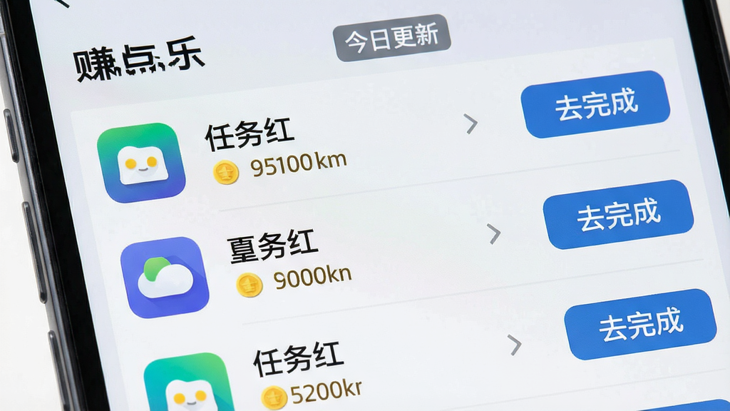 一个手机界面特写,屏幕里“赚点乐”任务列表整齐排列,每行左侧是应用图标,中间是任务名称和金币数,右侧是“去完成”按钮,顶部有“今日更新”标签,背景是浅灰色,整体排版像清单一样清晰,扁平化设计风格,画面干净无多余装饰,高清画质