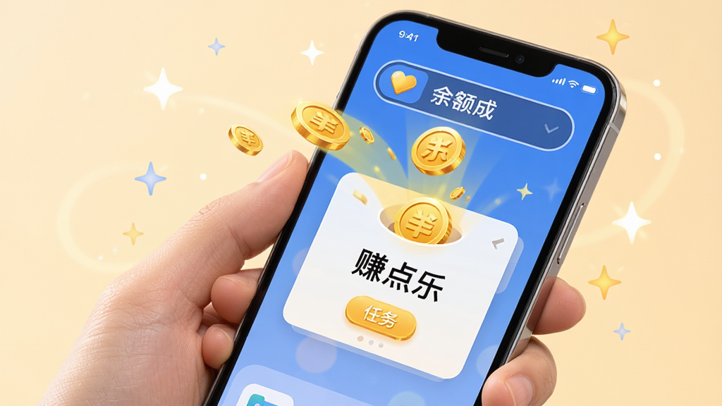 一只手拿着手机,屏幕显示“赚点乐”任务完成后的金币到账动画,金币图标从任务卡片飞向顶部余额栏,背景是手机桌面,周围有淡淡的星光效果,风格活泼,细节清晰,画面干净无多余文字,高清画质