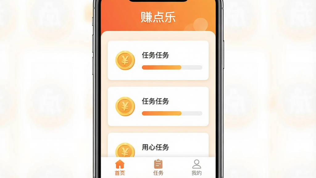 手机屏幕正中展示“赚点乐”应用主界面,顶部是橙色渐变标题栏写着“赚点乐”,中间排列三个任务卡片,卡片上有金币图标和进度条,底部导航栏有“首页”“任务”“我的”三个按钮,整体布局干净整洁,扁平化UI风格,暖色调,细节清晰无杂乱元素,高清画质