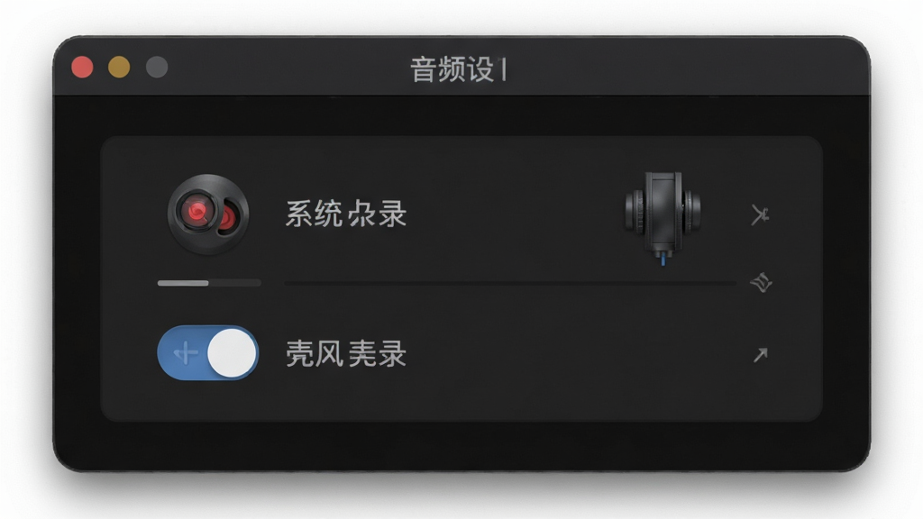 屏幕录制大师的音频设置界面特写,展示系统内录与麦克风两个选项开关,背景为深色主题,图标精致,排版整齐,风格简约专业,画质高清,干净无多余元素