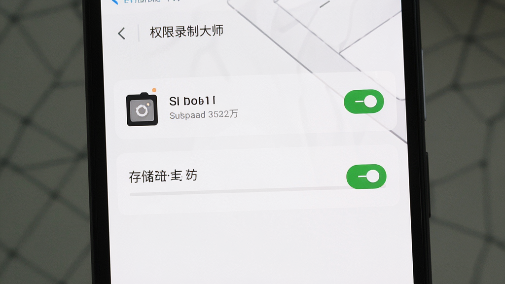 屏幕录制大师在手机上运行时的权限设置界面,展示悬浮窗权限与存储权限的开启状态,画面清晰,风格简洁,画质高清,干净无多余元素