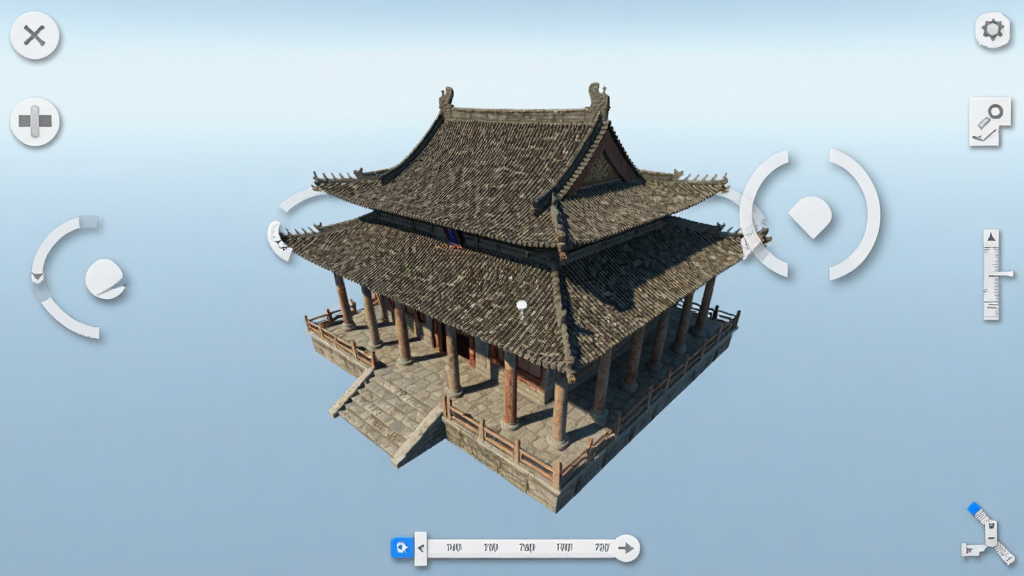 云端地球三维模型在线预览界面,画面中是一个古建筑的三维模型,周围有旋转控制图标与测量工具,背景为浅蓝色渐变,风格为专业三维查看器,细节包括模型纹理与光影效果,画质清晰,干净,无多余元素