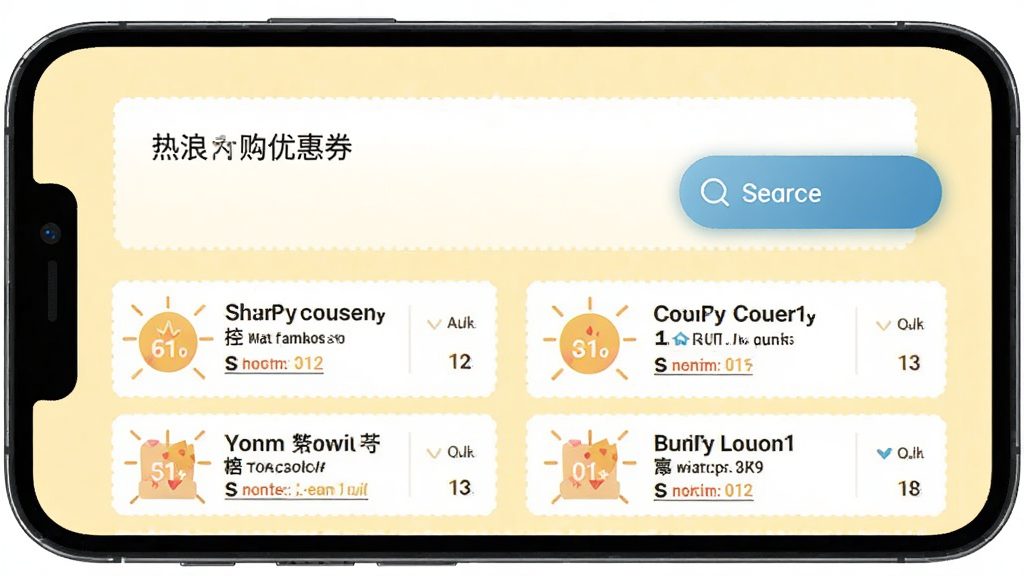 热浪内购优惠券搜索功能界面,手机屏幕展示商品链接粘贴框和搜索按钮,下方列出多条优惠券信息,淡黄色背景,扁平化设计风格,界面清爽,文字清晰,高清画质,干净无多余元素