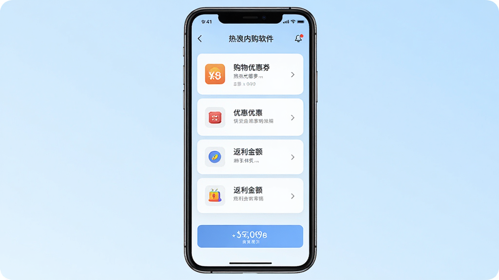热浪内购软件主界面全貌展示,手机屏幕中央显示购物优惠券列表和返利金额,背景为淡蓝色渐变,整体布局干净整洁,风格简约现代,细节清晰可见图标和文字,高清画质,干净无多余元素