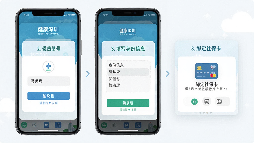 一幅手机界面展示健康深圳应用注册登录与实名认证流程的示意图,画面分为三个步骤卡片,分别显示输入手机号、填写身份信息、绑定社保卡,背景干净整洁,风格简约扁平,画质清晰,无多余元素,文字为“健康深圳”