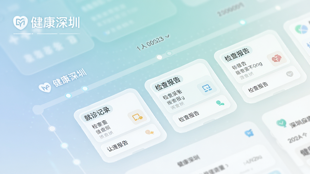 一幅健康深圳应用内个人健康档案界面的概念图,画面以时间轴形式展示就诊记录与检查报告卡片,配色柔和,布局整洁,风格为医疗科技感,画质清晰,干净无杂乱,画面中自然融入“健康深圳”字样