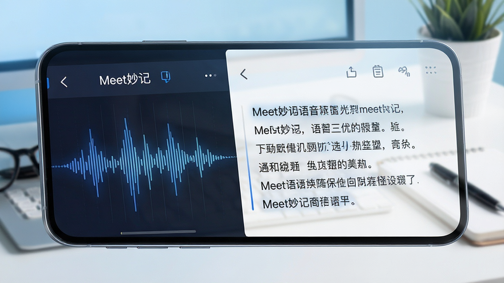 画面主体为一部手机屏幕特写,屏幕上展示Meet妙记的语音转写界面,左侧显示声波波形,右侧同步生成文字段落;背景为柔和的浅蓝色渐变,搭配简洁的办公桌面元素;风格偏向科技感与商务感结合,细节上突出文字与声波的对应关系,画质清晰干净,无多余装饰元素。