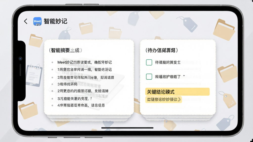 画面以Meet妙记应用界面为核心,展示智能摘要生成页面,页面中包含要点列表、待办事项勾选框和关键结论高亮标注;背景采用淡灰色调,搭配文件夹和标签图标;整体风格简约商务,细节上突出摘要卡片的层次感与信息层级,画质清晰,无多余元素。