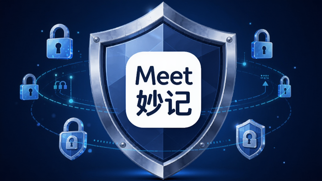 画面以盾牌和锁为核心元素,盾牌中央显示Meet妙记的应用图标,周围环绕着数据加密符号和隐私保护标识;背景为深蓝色渐变,风格偏向安全科技感,细节上突出盾牌的立体感与光泽,画质清晰干净,无多余装饰。