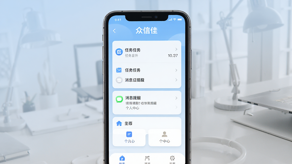 手机屏幕中央展示“众信佳”应用主界面,界面包含任务列表、消息提醒、个人中心等模块,背景为浅蓝色渐变,画面干净整洁,风格简约商务,细节清晰,画质高清,无多余元素