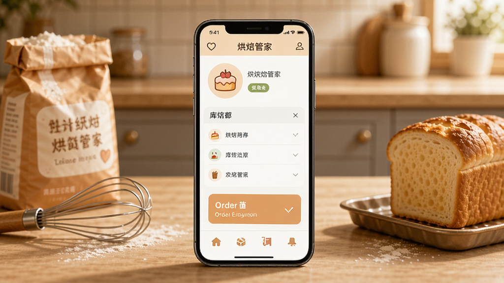 画面中央是一部智能手机,屏幕上显示着烘焙管家APP的主界面,界面中包含蛋糕图标、库存列表和订单卡片,背景是暖色调的厨房操作台,台面上摆放着面粉袋、打蛋器和刚出炉的吐司面包,整体采用写实风格,光线柔和温暖,画质清晰干净,无多余元素。