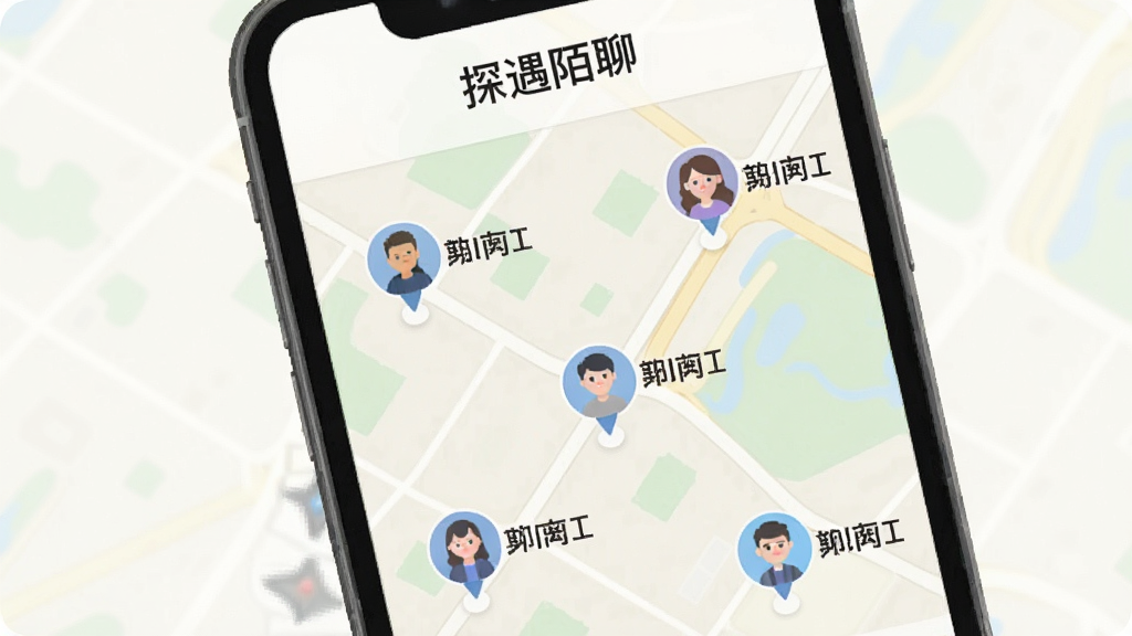 手机屏幕展示地图界面,地图上有多个用户头像标记点,每个标记点旁显示距离数值,屏幕上方有“探遇陌聊”文字标识,背景为浅色地图风格,整体布局清晰,扁平化UI设计,画质干净,无多余装饰元素