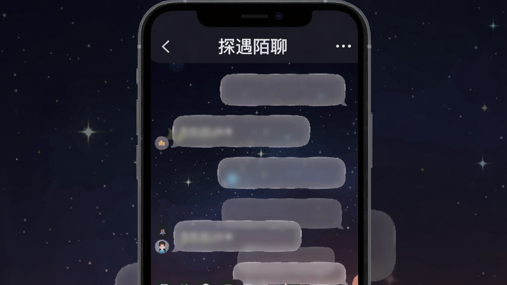 一部手机屏幕显示匿名聊天界面,聊天气泡为半透明磨砂效果,背景是深色星空图案,屏幕上方有“探遇陌聊”字样,画面风格神秘温馨,扁平化设计,画质清晰,整体干净整洁