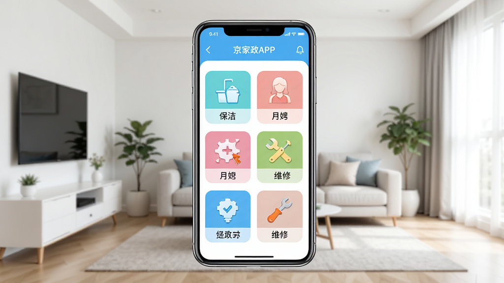 一张展示京家政APP首页的手机界面预览图,画面中央是一部竖屏智能手机,屏幕上显示家政服务分类图标如保洁、月嫂、维修等,背景是整洁明亮的现代客厅,整体风格简洁清新,细节清晰,画质干净,无多余元素