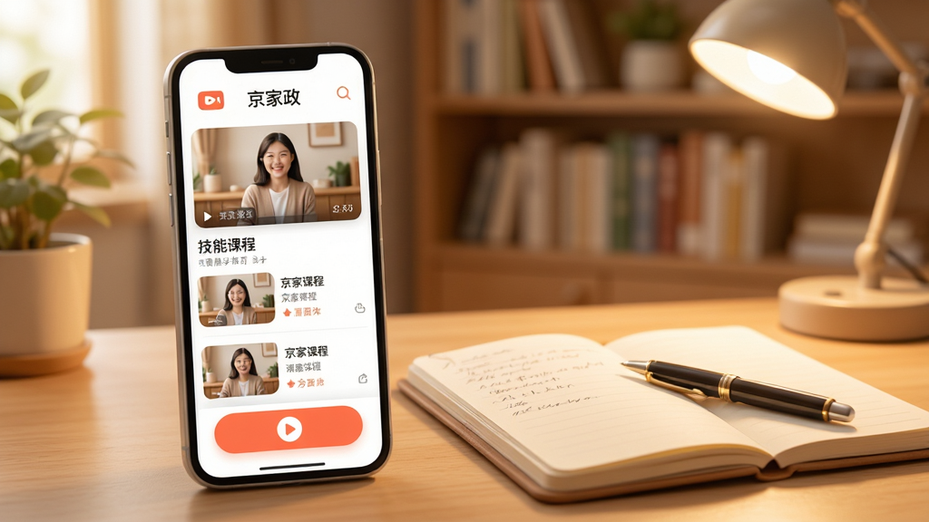 京家政APP技能学习页面示意图,画面主体为手机屏幕显示视频课程列表与播放按钮,旁边放置笔记本和笔,背景是温暖的书房环境,风格柔和圆角,细节丰富,画质干净