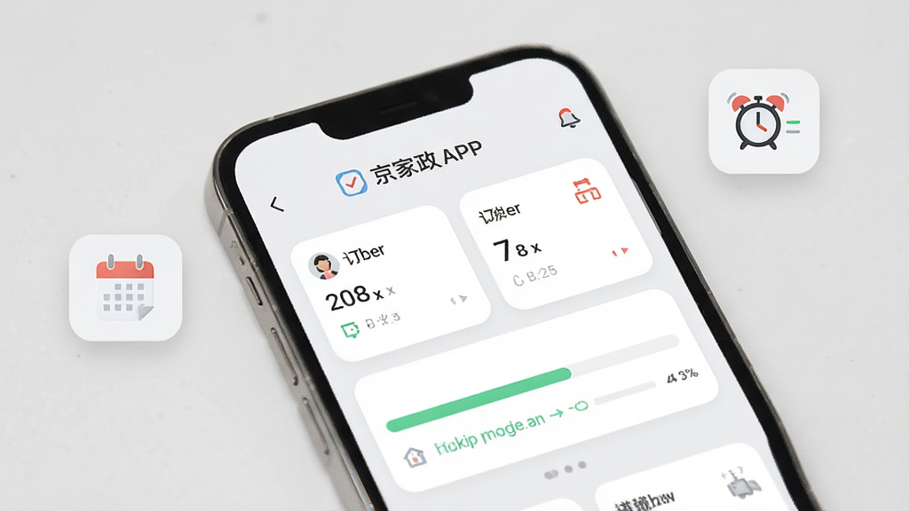 京家政APP订单管理界面展示图,手机屏幕显示订单卡片与进度条,旁边有日历和闹钟小图标,整体布局清晰,浅灰质感风格,画质干净无多余元素