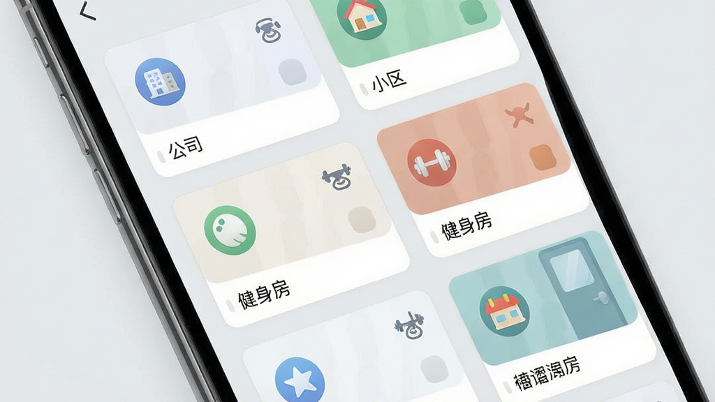 手机屏幕显示NFC开门软件的卡片管理界面,界面上整齐排列着多张虚拟门禁卡,每张卡片都有自定义的图标和名称标签,如“公司”、“小区”、“健身房”等。布局为手机界面截图风格,背景为浅灰色。风格为清新简约UI设计,细节上图标精致,色彩柔和,画质清晰,无多余元素。