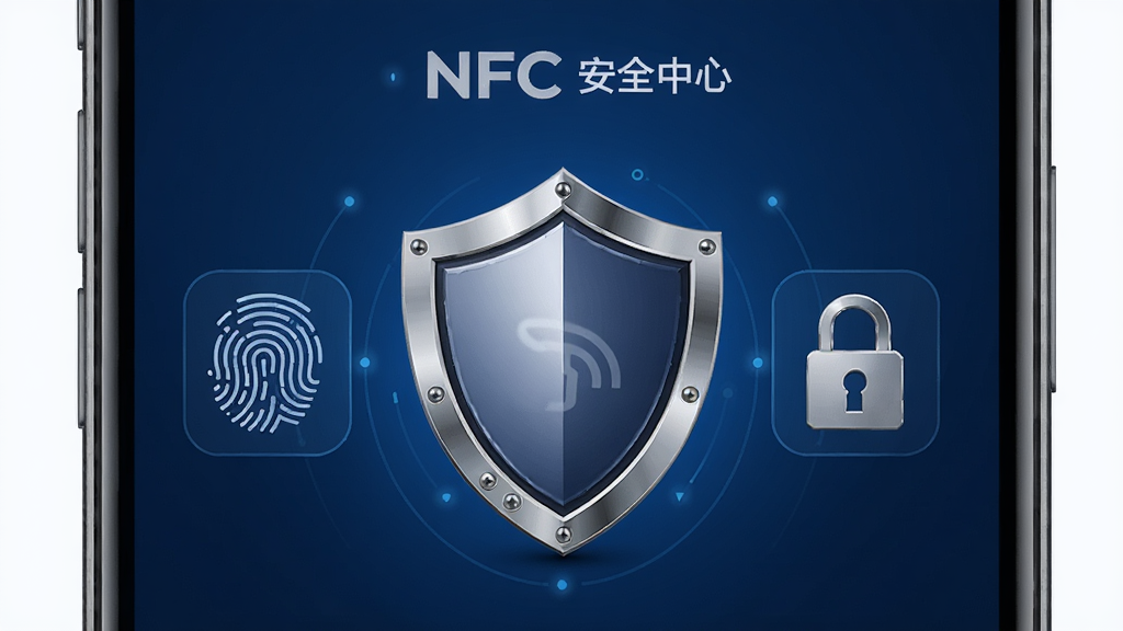 一部手机屏幕显示NFC开门软件的安全中心页面,页面中央有一个盾牌图标,周围环绕着指纹识别和密码锁的图形元素。布局为居中对称构图,风格为安全科技感插画,细节上盾牌有金属质感,背景为深蓝色渐变,画质高清,画面干净。