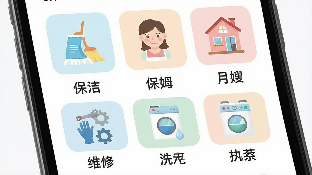 一张展示京家政服务分类网格的图片,画面以手机屏幕为展示载体,屏幕内呈现九宫格服务图标,包括保洁、保姆、月嫂、维修、洗衣等,每个图标下方配有中文标签,布局为整齐的网格排列,风格为清新的矢量图标风,细节上图标颜色柔和,画质高清,画面干净,无多余元素。