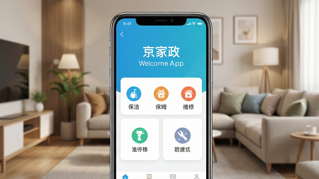 一张展示京家政app首页界面的手机预览图,画面中央是手机屏幕,屏幕内显示京家政的欢迎页与功能入口,包含保洁、保姆、维修等图标按钮,背景是温馨整洁的现代客厅场景,布局采用居中构图,风格为写实UI展示,细节上手机边缘有轻微反光,屏幕内容清晰可见,画质高清,画面干净,无多余元素。
