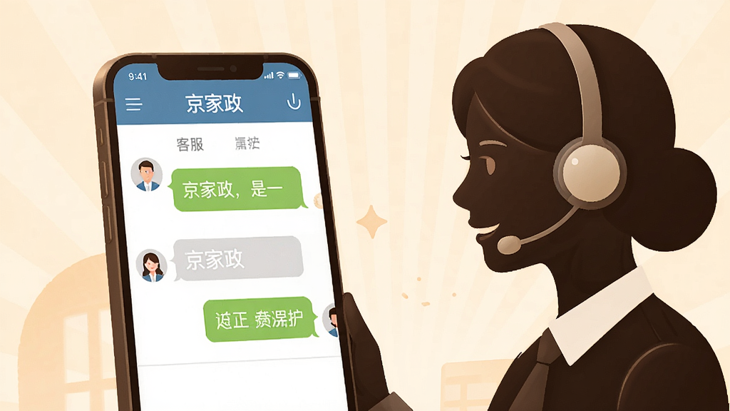 一张表现京家政客服与售后保障的图片,画面中央是手机屏幕显示在线客服聊天界面,屏幕旁边有佩戴耳麦的客服人员剪影,布局采用左屏右人,风格为温暖商务插画,细节上聊天界面有“京家政”字样与对话气泡,画质高清,画面干净,无多余元素。