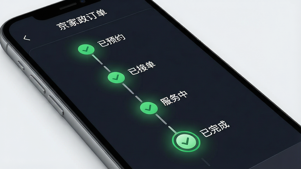 一张展示京家政订单进度追踪界面的图片,画面主体是手机屏幕显示订单时间轴,包含“已预约”“已接单”“服务中”“已完成”等状态节点,布局为垂直时间轴样式,风格为简约科技风,细节上时间轴节点带有绿色对勾与高亮光效,画质高清,画面干净,无多余元素。