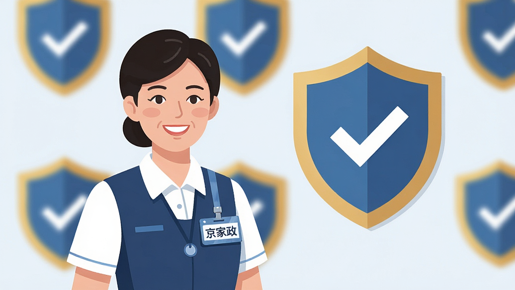 一张表现京家政服务人员认证体系的AI图片,画面主体是一位穿着整洁工装、佩戴工牌的家政阿姨微笑站立,背景是带有盾牌与对勾符号的认证徽章墙,布局采用人物居左、认证元素居右的排版,风格为扁平化商务插画,细节上工牌清晰印有“京家政”字样,画质高清,画面干净,无多余元素。