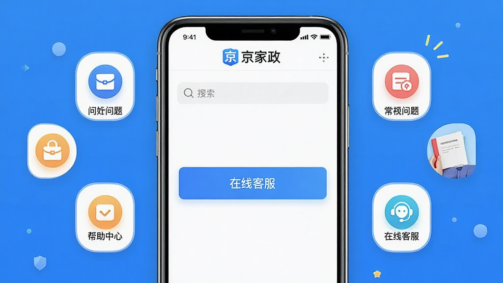 一张展示京家政app帮助与客服页面的手机截图风格图片,画面主体是手机屏幕显示“帮助中心”与“在线客服”按钮,周围环绕常见问题图标,布局为居中展示,风格为简洁明快的UI风格,细节上屏幕内有“京家政”logo与搜索框,画质高清,画面干净,无多余元素。