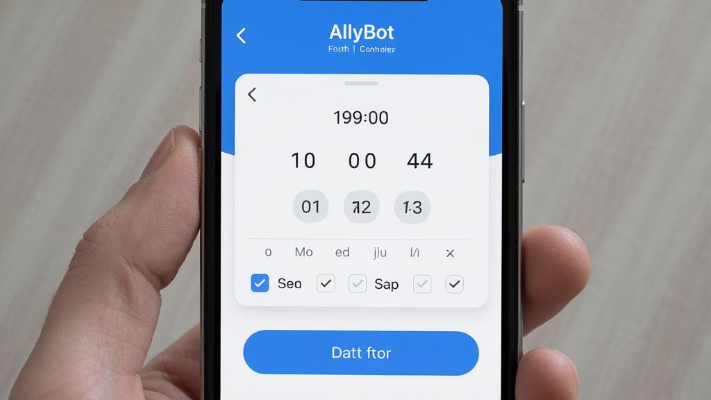 AllyBot远程操控与定时任务界面,主体为手机屏幕显示定时设置面板与远程控制按钮,布局为居中构图,排版为手机应用界面,风格为简约清新风,细节包括时间选择器、星期勾选项、启动按钮,画质高清,干净,无多余元素