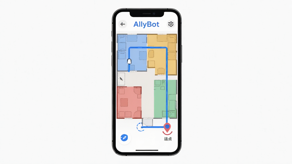 AllyBot智能路径规划功能展示,主体为手机屏幕显示清洁地图与规划路线,布局为居中展示,排版为竖屏手机界面,风格为扁平化科技风,细节包括蓝色路线线条、房间分区色块、清扫起点终点标记,画质高清,干净,无多余元素
