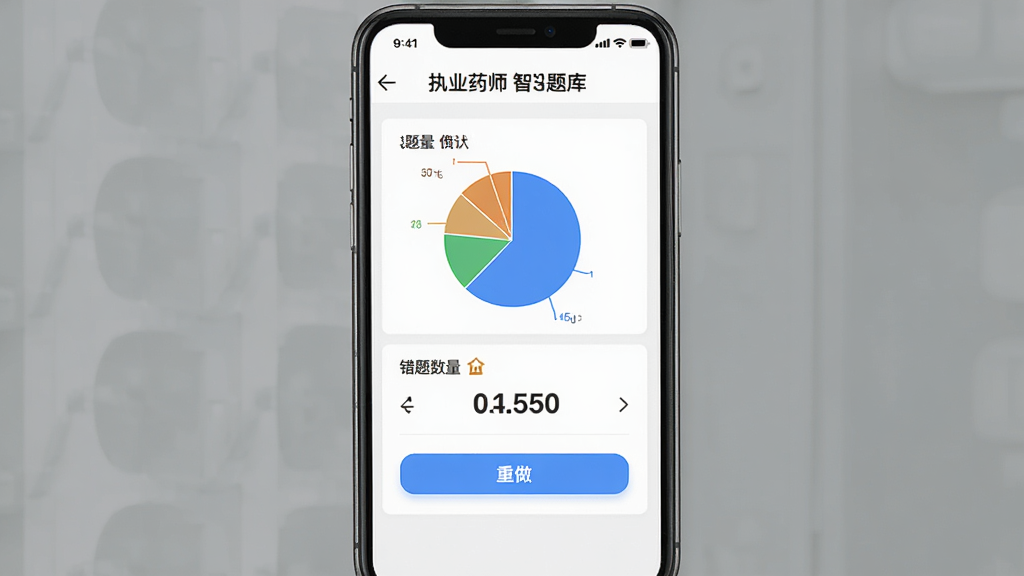 执业药师智题库错题本功能界面,主体为手机屏幕显示错题统计图表,布局为上下结构,排版清晰,风格简约数据化,细节包括饼状图、错题数量、重做按钮,画质清晰,干净,无多余元素