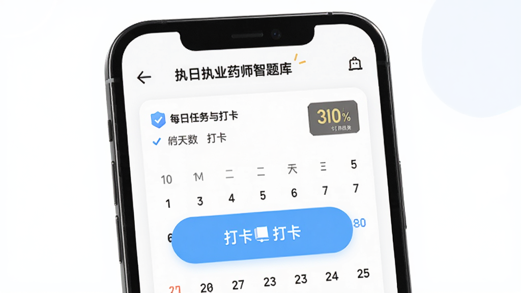 执业药师智题库每日一练打卡页面,主体为手机屏幕显示每日任务与打卡日历,布局为上下结构,排版活泼,风格轻松学习类,细节包括打卡按钮、连续天数、积分显示,画质清晰,干净,无多余元素