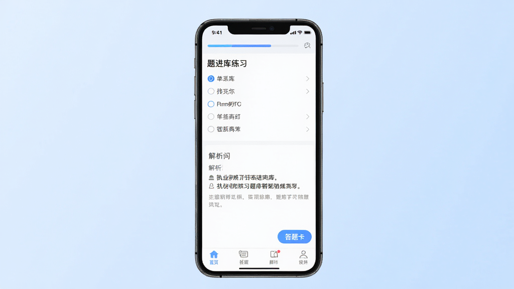 执业药师智题库手机应用界面展示,主体为一部竖屏智能手机,屏幕上显示题库练习页面,包含单选题选项与解析区域,布局居中,背景为浅蓝色渐变,风格简洁现代,细节包括顶部进度条、底部导航栏、答题卡按钮,画质清晰,干净,无多余元素