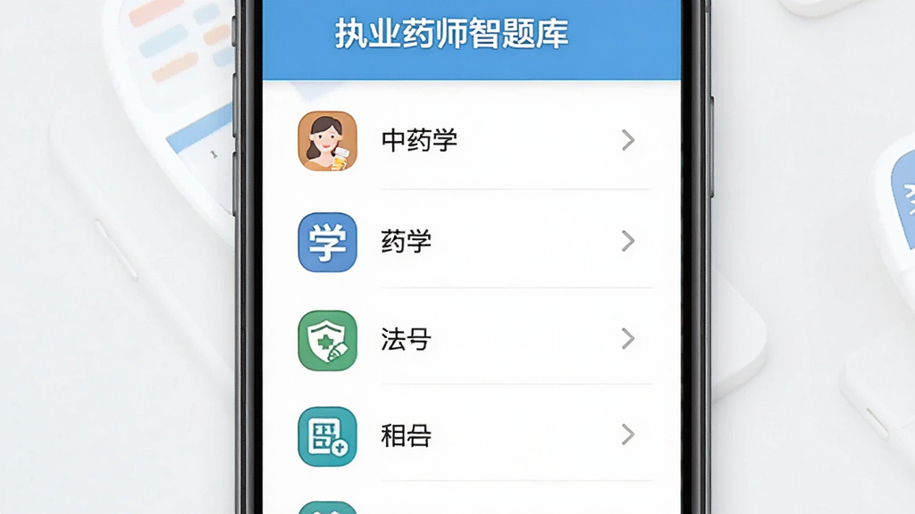 执业药师智题库题库列表页面,主体为手机屏幕展示章节分类,布局为纵向列表,排版整齐,风格清新教育类,细节包括中药学、药学、法规等科目图标,画质清晰,干净,无多余元素