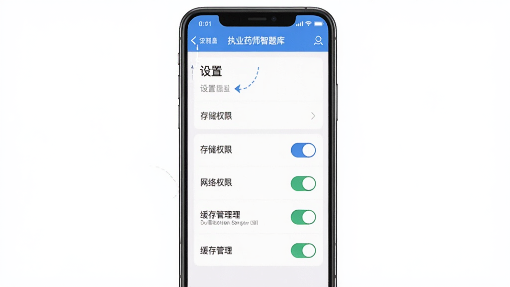 执业药师智题库新手使用指南示意图,主体为手机屏幕显示设置菜单与权限开关,布局为纵向排列,排版清晰,风格教程类,细节包括存储权限、网络权限、缓存管理选项,画质清晰,干净,无多余元素
