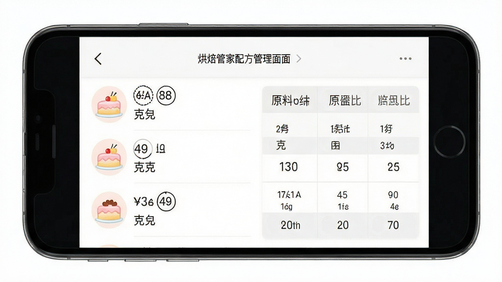 烘焙管家配方管理界面,主体为手机屏幕展示配方列表与原料配比表格,布局居中,排版整齐,风格清新简约,细节包含蛋糕图标、克重数字、温度标记,画质高清干净无多余元素
