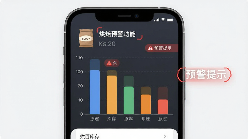 烘焙管家库存预警功能展示,主体为手机界面呈现原料库存条形图与预警提示,布局上下结构,排版清晰,风格现代扁平,细节包含面粉袋图标、红色预警标识、数字刻度,画质锐利干净无多余元素