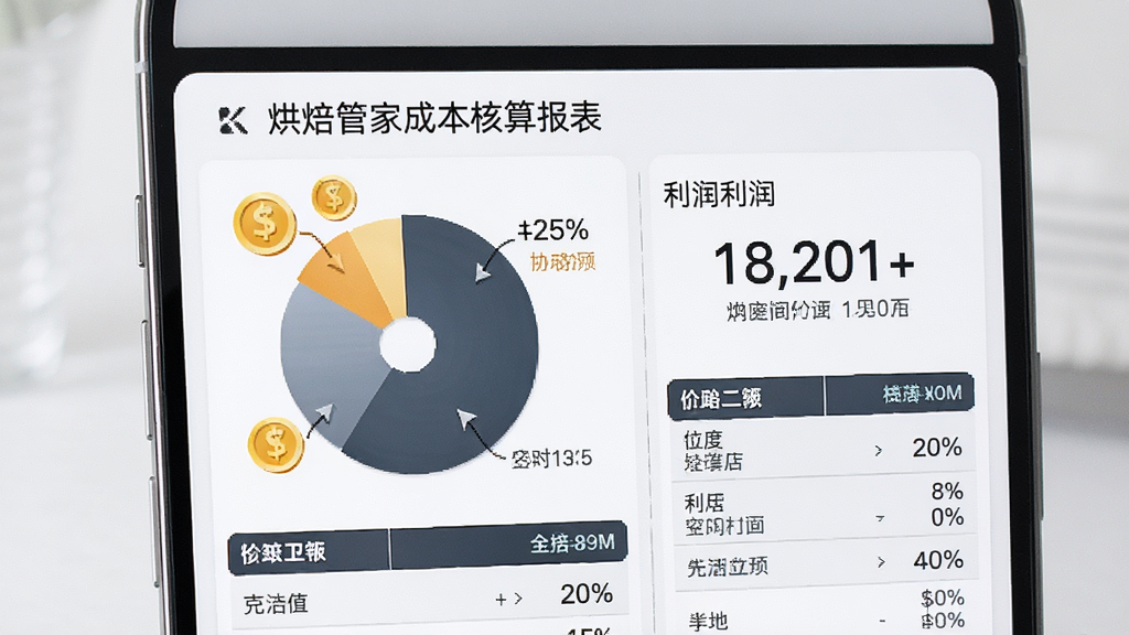 烘焙管家成本核算报表,主体为手机屏幕显示饼状图与利润数字,布局左右分栏,排版紧凑,风格专业沉稳,细节包含金币图标、百分比数值、表格线条,画质细腻干净无多余元素