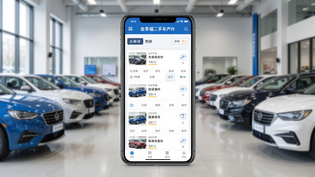 会享福二手车商户软件主界面展示,画面中央是一部智能手机,手机屏幕上显示车辆库存列表与数据看板,背景为整洁的汽车展厅,多辆二手车整齐排列,整体风格简洁商务,蓝白配色,细节清晰,画质干净无多余元素,4K高清