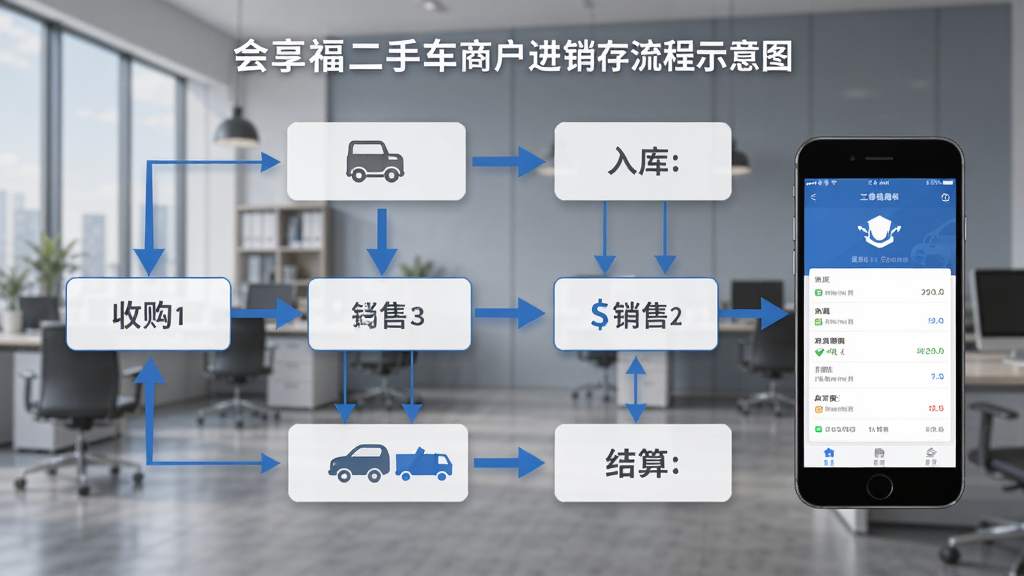 会享福二手车商户进销存流程示意图,画面以流程图形式展示收购、入库、销售、结算四个环节,手机屏幕显示对应界面,背景为办公室场景,风格商务简洁,蓝灰配色,细节清晰,画质干净,无多余元素