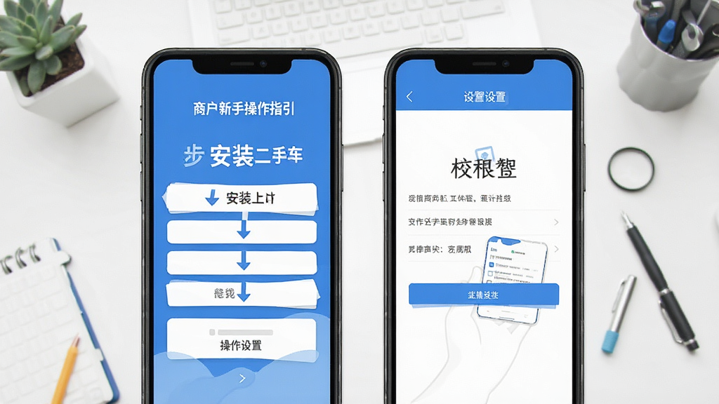 会享福二手车商户新手操作指引图,画面展示手机屏幕上的安装步骤与权限设置界面,背景为简洁桌面,风格扁平化设计,蓝白配色,细节清晰,画质干净,无多余元素