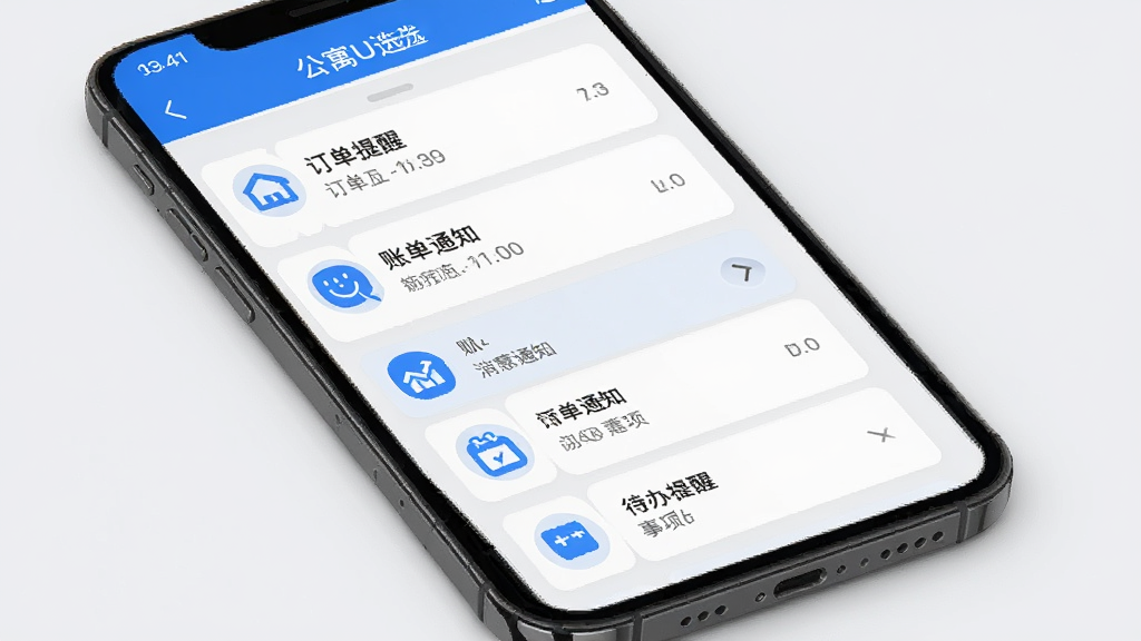 公寓U选商家端消息通知与待办提醒界面,手机屏幕显示消息列表和待办事项卡片,包含订单提醒、账单通知等图标,界面清爽,浅灰背景,蓝色强调色,居中排版,细节清晰,高清画质,干净无多余元素