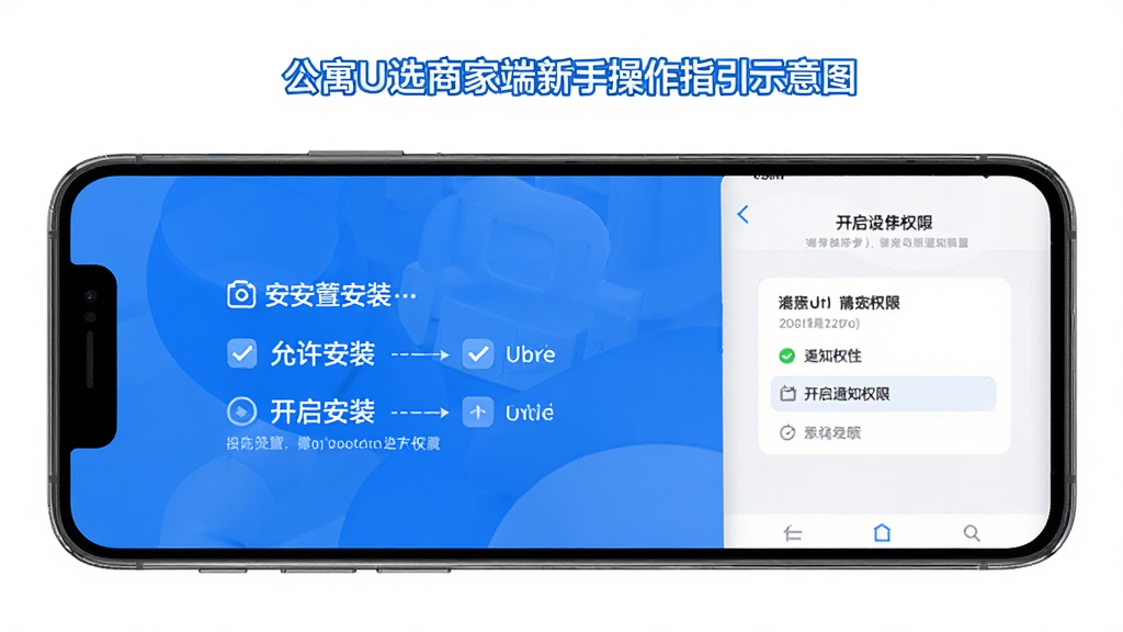 公寓U选商家端新手操作指引示意图,手机屏幕展示安装步骤和权限设置界面,包含勾选允许安装、开启通知权限等画面,风格简洁明了,蓝色主色调,居中布局,细节清晰,高清画质,干净无多余元素