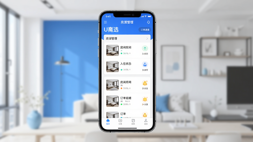 公寓U选商家端APP主界面展示,手机屏幕中显示房源管理仪表盘,包含房间列表、入住状态图标、订单提醒卡片,背景为现代简约的蓝白配色,画面清晰明亮,居中构图,UI设计风格,细节丰富,干净无多余元素,高清画质