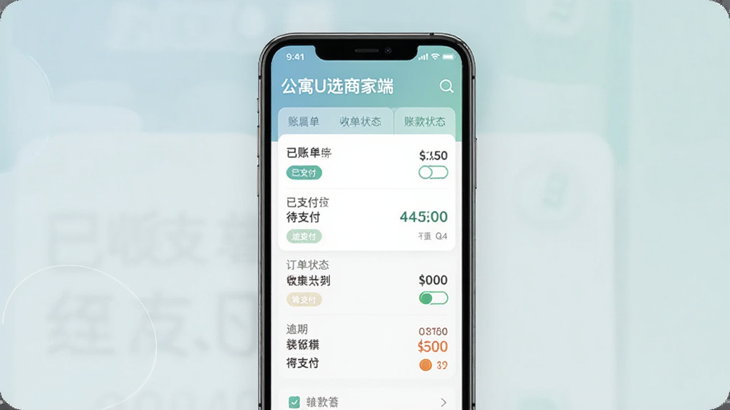 公寓U选商家端订单与账单管理界面,手机展示账单列表和收款状态,包含已支付、待支付、逾期等状态标签,界面配色柔和,采用蓝绿主色调,布局规整,图标精致,居中构图,高清画质,干净无多余元素