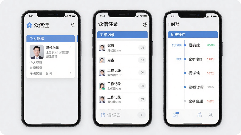 众信佳个人信息管理页面,手机屏幕内展示个人资料卡、工作记录列表和历史操作时间轴,界面排版整齐,采用浅灰与蓝色搭配,风格清爽,细节丰富,画质干净,无多余元素