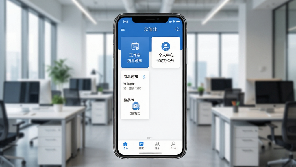 众信佳移动办公应用主界面展示,画面中央为手机屏幕,屏幕内呈现众信佳APP的首页布局,包含工作台、消息通知、个人中心等模块图标,整体采用蓝白配色,风格简洁商务,背景为虚化的现代办公环境,细节清晰,画质干净,无多余元素
