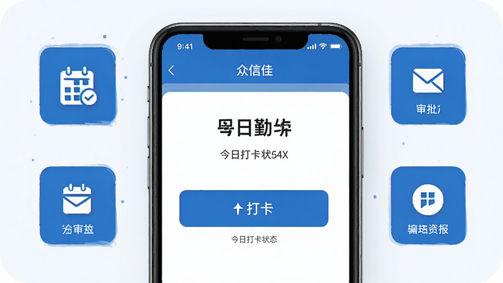 众信佳移动办公功能界面,画面展示手机屏幕内众信佳APP的考勤打卡页面,显示打卡按钮和今日打卡状态,周围环绕日历、审批、汇报等快捷入口图标,整体风格简约商务,蓝白主色调,背景干净,画质清晰