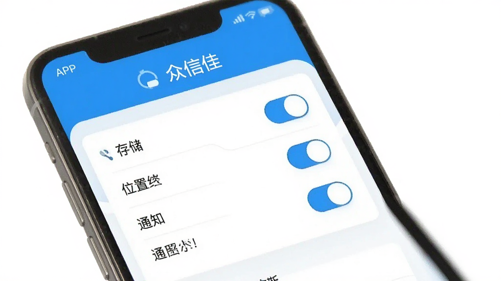 众信佳安装与权限设置示意图,画面展示手机屏幕内众信佳APP的权限管理页面,包含存储、位置、通知等权限开关,界面简洁明了,蓝白配色,风格清爽,画质干净,无多余元素